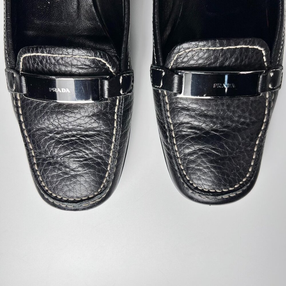 Vintage Prada Daino Black Loafers with White Stitching Women 7.5 Made in Italy